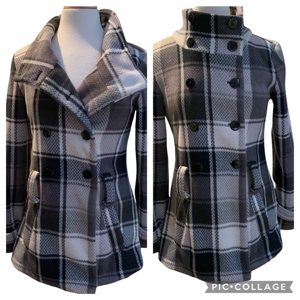E Studio Gray & Black Large Plaid Double-Breasted Jacket size Small